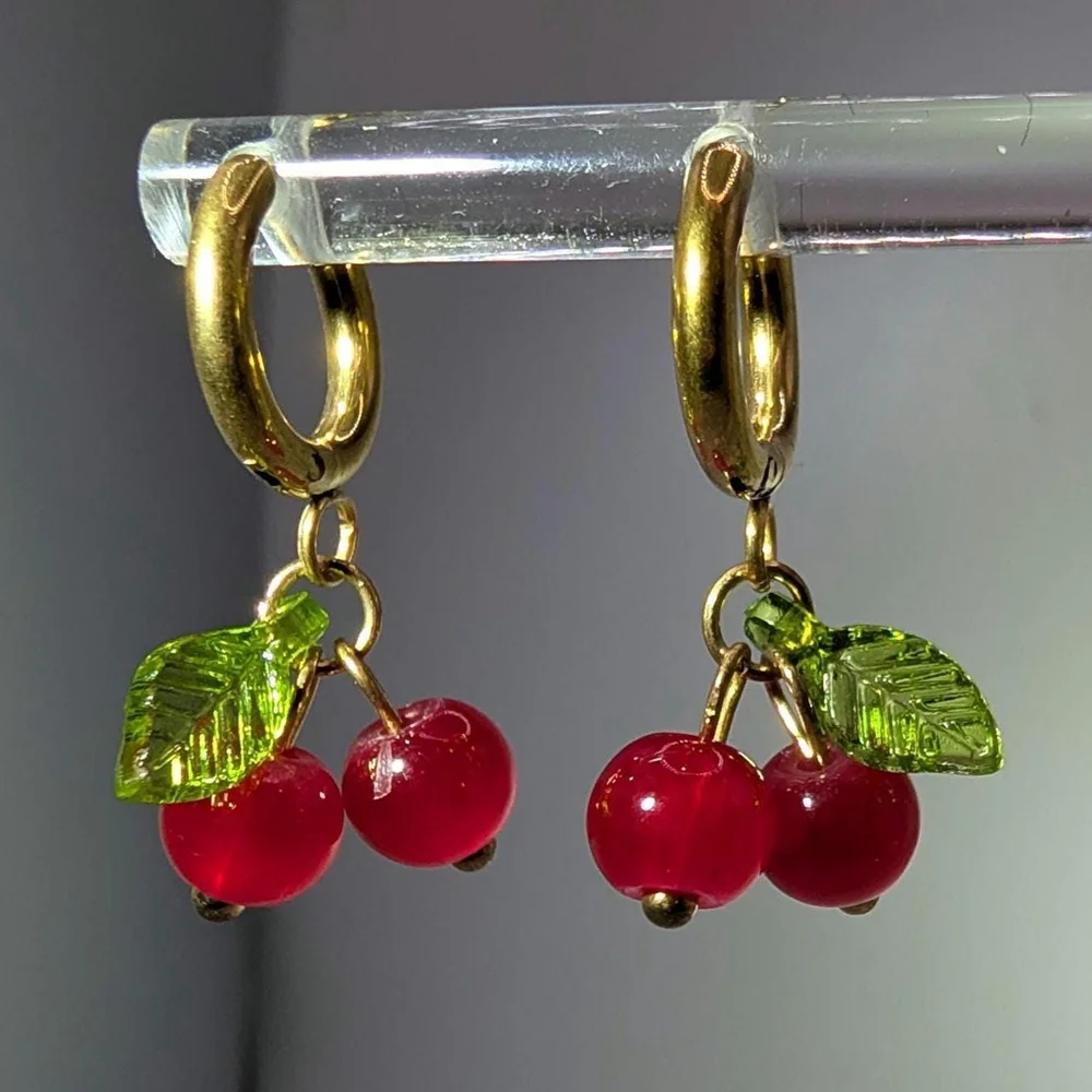 Gold Cherry Huggie Earrings, Gold Ion Plated Stainless Steel Hoops, Glass Beads - Picture 6 of 6